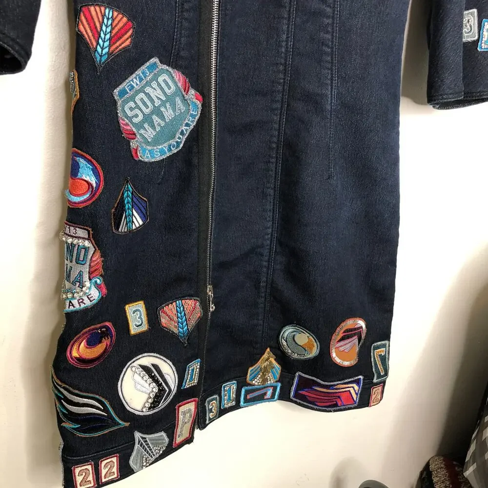 Phillip Lim Denim Jean Dress Moto Zip Detail Allover Custom Patches Beaded 6
